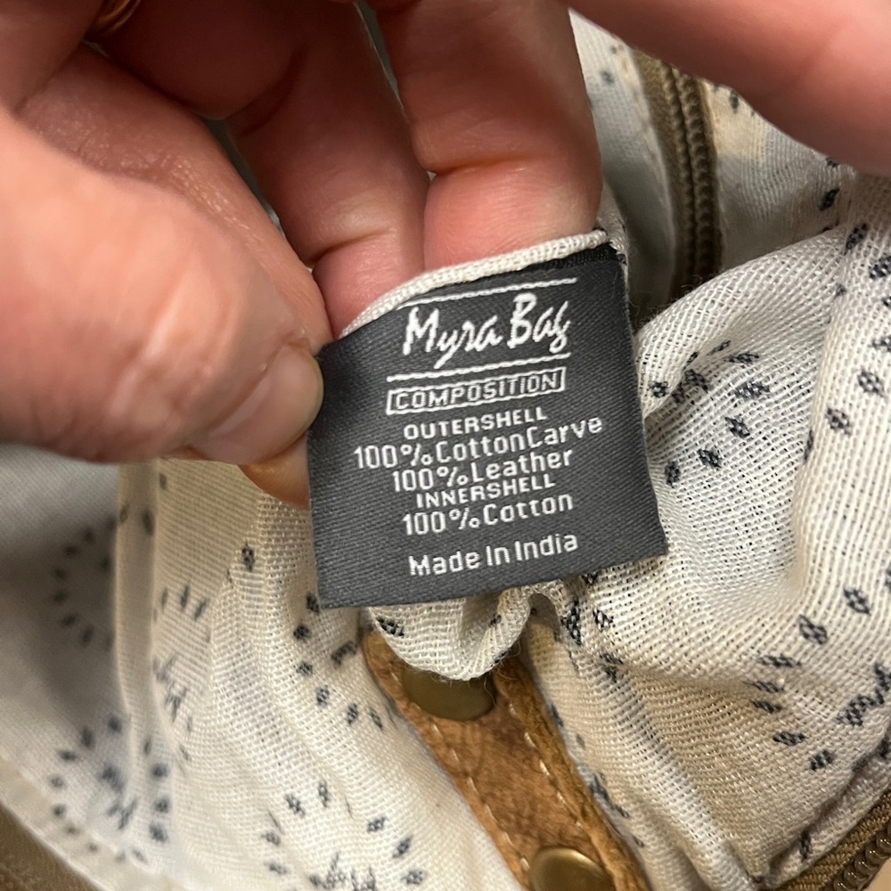 Myra Bag S-1305 Crossbody Leaf Print Canvas Bag w/ Leather Trim & Gold Bike Pin - Picture 13 of 16